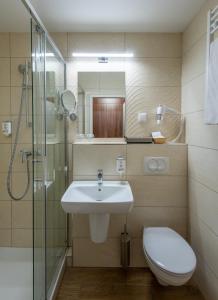 赫维兹Hunguest Hotel Panoráma的一间带水槽、卫生间和淋浴的浴室
