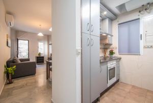 格拉纳达Apartamentos Granata的公寓内设有开放式厨房和客厅。