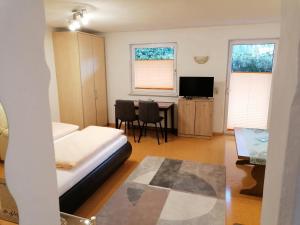 普范德斯Tirol Apart Barbara的一间卧室配有一张床、一张书桌和一台电视。