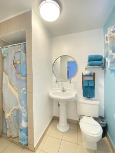 南太浩湖Bluebird Day Inn & Suites的一间带水槽、卫生间和镜子的浴室