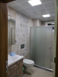 代姆雷Deniz Apart的一间带卫生间和玻璃淋浴间的浴室