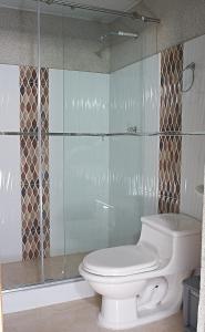 La VictoriaEL CIELO By Ruby的一间带卫生间和玻璃淋浴间的浴室