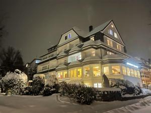 巴特皮尔蒙特Parkhotel Pyrmont的大房子,有灯光,在雪中