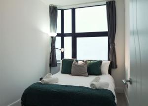 特尔福德Sapphire House Apartments的一张位于带大窗户的房间内的床铺