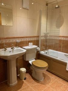奥尔德尼La Ville Hotel的浴室配有卫生间、盥洗盆和浴缸。