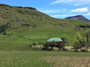 萨尼山口Sani Lodge Self-Catering Cottages Sani Pass South Africa的绿色的山坡,田野中的谷仓