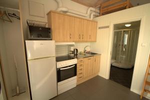 Løding阿克提科海港酒店的厨房配有木制橱柜和白色冰箱。