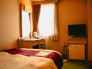 八户市Hachinohe Plaza Hotel的酒店客房配有一张床、一张书桌和一台电视。