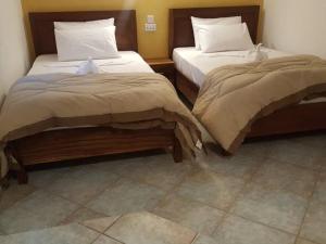 班珠尔Tropic Garden Hotel的两张睡床彼此相邻,位于一个房间里