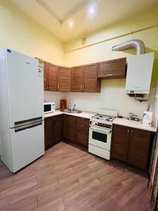利沃夫Iren Lviv apartment的厨房配有白色冰箱和木制橱柜。