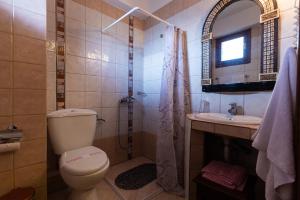 KraniáLa Moara Boutique Hotel的浴室配有卫生间、盥洗盆和淋浴。