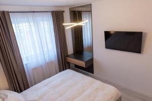 布拉索夫Apart B&V的一间卧室设有一张床、一台电视和一个窗口。
