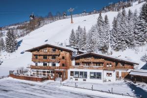 萨尔巴赫Hotel & Appartements Tiroler Buam的雪地小木屋,带滑雪缆车