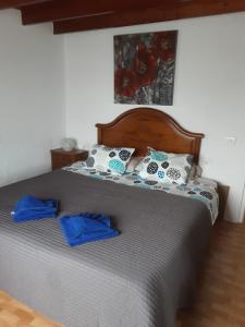 塔伊切Casita De Gato的卧室内的一张床位,配有蓝色床单和枕头