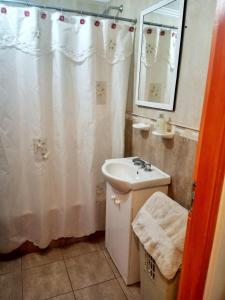 圣达菲Monoambiente en pleno centro的浴室设有水槽和白色的淋浴帘