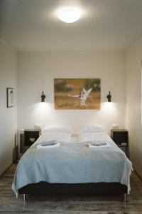 劳加尔瓦特恩Austurey Cottages的卧室配有一张床铺,墙上挂有鸟画