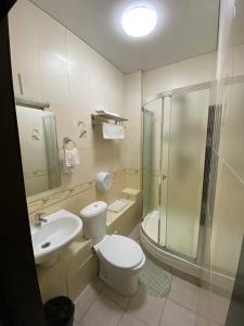 乌斯季卡缅诺戈尔斯克Deluxe SPA-Hotel的浴室配有卫生间、淋浴和盥洗盆。