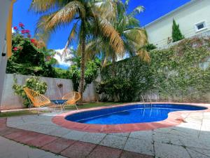 坎昆BEAUTIFUL & COZY NEAR BEACH Apartment Pool & KingSize Bed的一个带两把椅子的游泳池,一个棕榈树