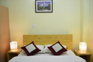 帕坦Tanani Newa Home (Mt. Gouri)的卧室配有带枕头的床铺,墙上挂着一幅画