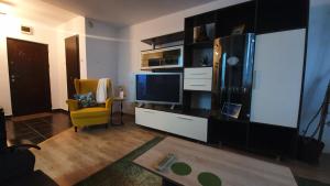 巴亚马雷Apartament Coșbuc的客厅配有电视和黄色椅子