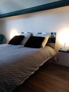 Saint-Germain-du-CorbéisStudio et chambres d'hôtes les nuits de Gesnes的一间卧室配有一张带两盏灯的床。