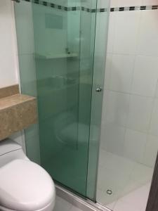 马里基塔Hotel Boutique San Rafael的一间带卫生间的浴室内的玻璃淋浴间