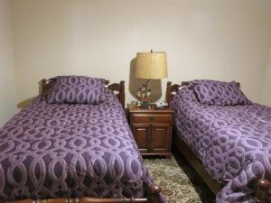 凯斯Cayce Charm Minutes to Downtown Columbia的卧室内的两张床和紫色棉被