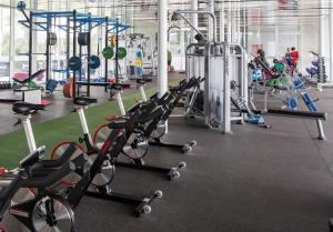 黄金海岸Elite Gold Coast的健身房,配有各种跑步机和机器