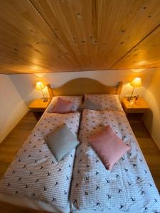 楚格Landhaus Alpenland的一张位于房间的床,两盏台灯放在两张桌子上