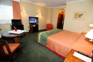 卡拉马圣地亚哥阿尔马格罗酒店的酒店客房设有床、桌子和电视。