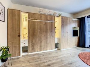 尼乌波特Studio enjoy 55的一间设有木墙和大衣柜的客房