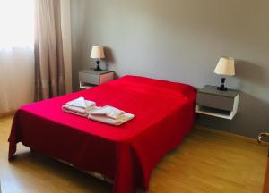 埃尔卡拉法特Newen的红色的床,上面有两条毛巾