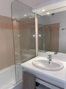 圣费朗索瓦-隆尚Appartement lumineux aux pieds des pistes的一间带水槽和玻璃淋浴的浴室