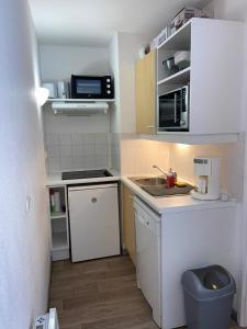 圣费朗索瓦-隆尚Appartement lumineux aux pieds des pistes的一间带水槽和微波炉的小厨房