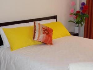 内罗毕Baraka Home的一张黄色和橙色枕头的床