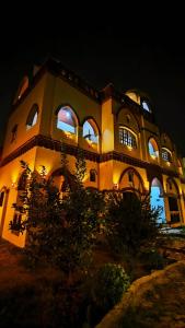 卢克索Tasneem Palace的一座在晚上有灯的大建筑