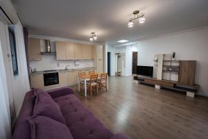 克卢日-纳波卡Tonitza Apartments的一间带紫色沙发的客厅和一间厨房