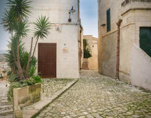 马泰拉SaxAurea的一条小巷,有一座有门和棕榈树的建筑