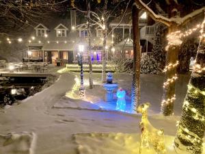 莱诺克斯康奈尔住宿加早餐旅馆的雪中以圣诞灯装饰的院子