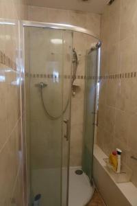 BlackwaterSpacious 4 bed Farnborough AirShow的带淋浴的浴室和玻璃门