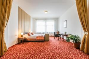克罗梅日什Hotel U Zlatého kohouta的配有一张床和一张书桌的酒店客房