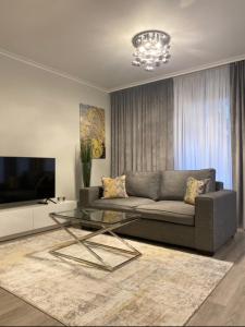 什切青Ultra Apartments Kamienica Nova的带沙发和玻璃桌的客厅