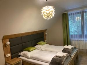 拉达瓦Leśna Polana的一间卧室配有一张床和一个吊灯