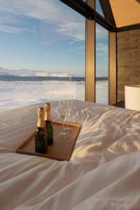 塞尔福斯Iceland Lakeview Retreat的床上托盘上的两瓶和眼镜