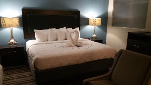 哈里斯堡Holiday Inn Harrisburg East, an IHG Hotel的酒店客房设有一张大床和两盏灯