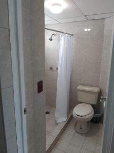 洛雷托Hotel Duve Coral的浴室设有卫生间和带浴帘的淋浴。