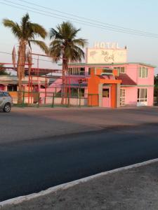 洛雷托Hotel Duve Coral的街道前方有棕榈树的建筑