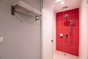 新山Holiday Inn Express & Suites Johor Bahru, an IHG Hotel的一间铺有红色瓷砖的淋浴浴室