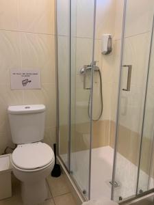 菲盖拉-达福什Meeting Hostel的一间带卫生间和玻璃淋浴间的浴室