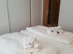 韦斯特兰Sylter-Besserburg-App-6的客房内的两张床和毛巾